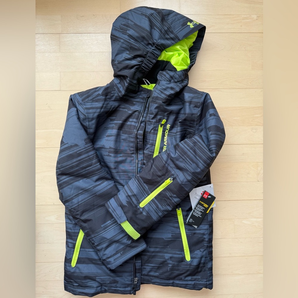 Kids Under Armour Black and Bright Green Cold Gear Lightweight Waterproof Jacket